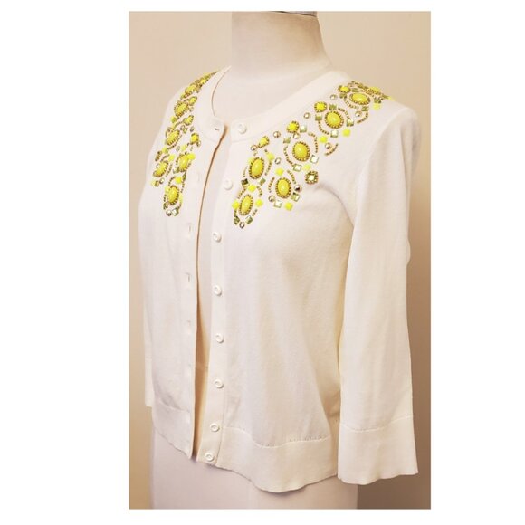 Kate Spade New York White Cardigan with Green and Gold Jeweled Detailing Size-M - Picture 5 of 10